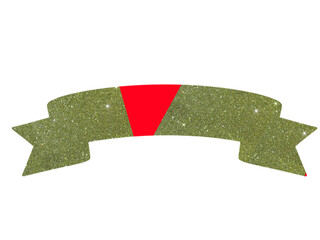 Gold glittery ribbon with a central red stripe on a white background. The ribbon features a classic banner shape with pointed ends