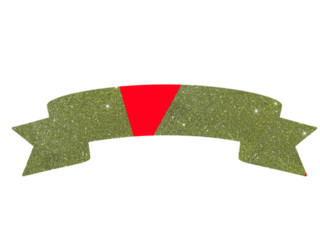 Gold glittery ribbon with a central red stripe on a white background. The ribbon features a classic banner shape with pointed ends