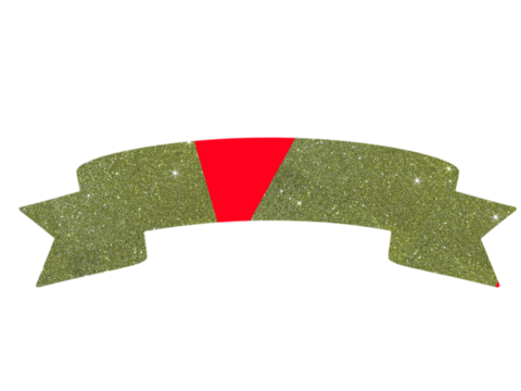 Gold glittery ribbon with a central red stripe on a white background. The ribbon features a classic banner shape with pointed ends