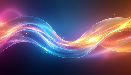 Naklejka premium Abstract glowing light waves with a vibrant color gradient and sparkling particles on a dark background.