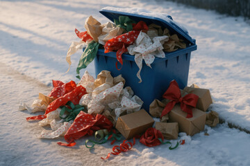 Poignant scene of holiday waste. An overflowing recycling bin with crumpled gift wrap, torn ribbon, and box spilling onto snowy pavement under soft winter morning light