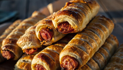 A stack of golden-brown sausage rolls on a wooden surface, perfect for Christmas dinner in the UK with a warm and appetizing mood.