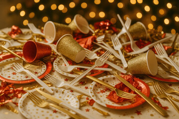Chaotic pile of holiday waste from party. glittery mess of disposable plates, plastic cutlery and scattered cups on festive table with warm bokeh lights in background