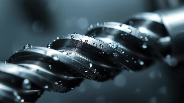 Close-up view of a metallic drill bit covered in water droplets highlighting texture and details in gray tones