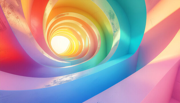 A vibrant, abstract rainbow-colored spiral tunnel with a bright light at its end, creating a sense of depth and movement.