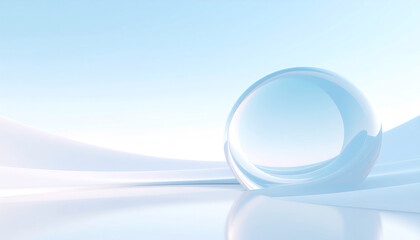 A clear glass sphere reflecting light on a serene blue and white abstract background.