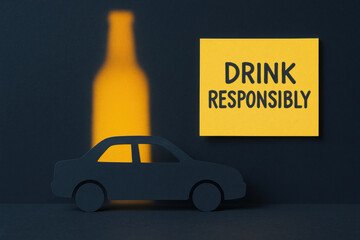 Cautionary message for drunk driving prevention with paper cut car silhouette, blurred bottle, and yellow sticky note that says drink responsibly. serious concept for road safety