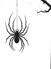 Obraz premium Black spider hanging from a thread on a white background