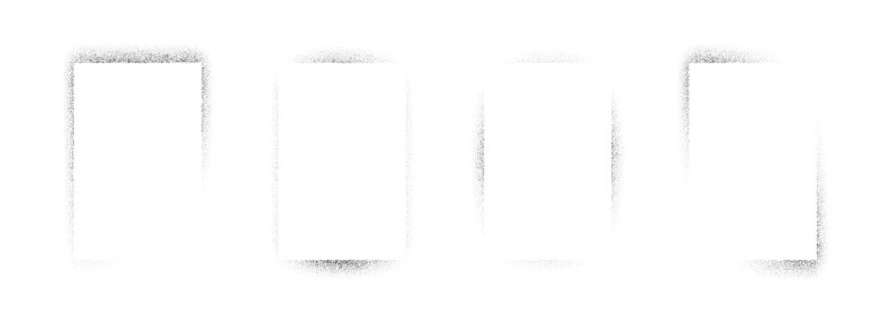 Sprayed noise rectangle frame collection. Black dotted grain border set. Black stipple gradient boarder bundle for text box, banner, poster, template. Vector rough spray stencil graffiti effect frames