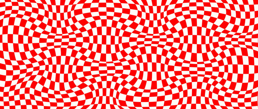 Red trippy checkerboard background. Retro psychedelic checkered wallpaper. Wavy groovy chessboard surface. Distorted geometric grid chess pattern. Abstract red and white race flag backdrop. Vector