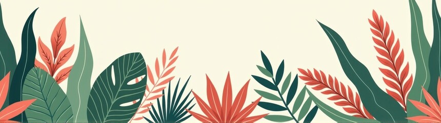 A group of tropical plants with leaves and flowers on a white background