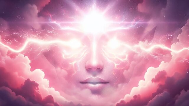 An ethereal, abstract face radiates brilliant white light and electrical energy from its eyes and forehead, engulfed by swirling pink and purple cosmic clouds dotted with sparkling particles. This mes