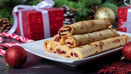 A plate of traditional Christmas pancakes, known as crepes or pancakes, filled with jam, sits on a table surrounded by festive decorations, gifts, and Christmas tree branches in a cozy UK