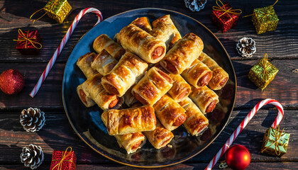 Overhead view of a plate of sausage rolls surrounded by festive Christmas decorations including candy canes and gift boxes on a dark wooden table in the UK.