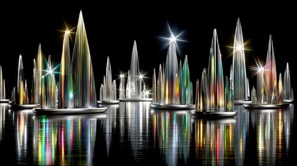 A collection of abstract, crystalline spires with sharp peaks, illuminated by vibrant, reflected lights on a dark, watery surface. The scene is set against a bl
