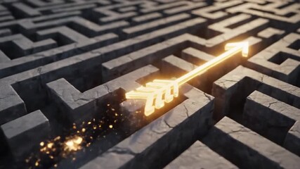 An illuminated arrow cuts through a complex maze, representing a clear path or solution. The image suggests navigating challenges and finding a direct route.