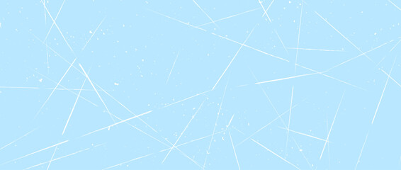 Obraz premium Scratched ice surface texture. Blue icy background with skate traces, cracks, scratches. Frozen lake or pond water wallpaper with dots, spot and lines. Rough winter sport rink backdrop. Vector
