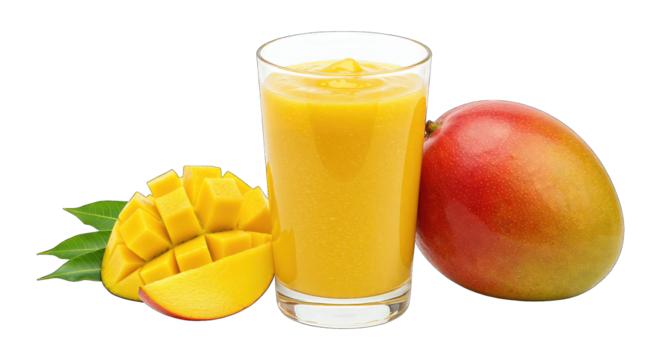 Fresh mango juice with sliced fruit and whole mango, tropical beverage, fruit drink, refreshing summer treat