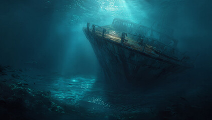 An abandoned shipwreck resting on the ocean floor beneath sunlight filtering through the water surface