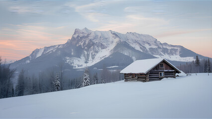 Cozy Cabin Retreat Winter Landscape with Snow-Capped Mountain in the Background