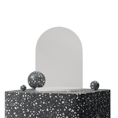 a terrazzo texture block and cylinder with arch and spheres, in a 3d render mockup template