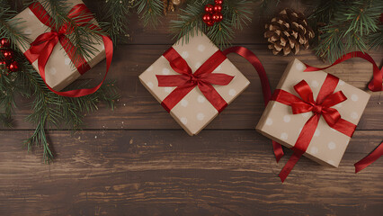 Festive Holiday Gifts with Red Ribbons and Pine Branches on Wooden Background