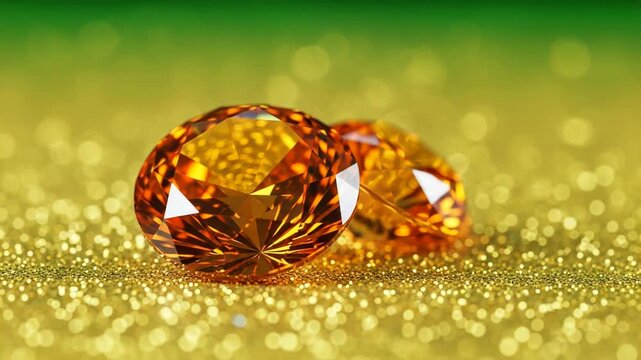 Two sparkling citrine gemstones on a shimmering golden surface, creating a luxurious and elegant composition