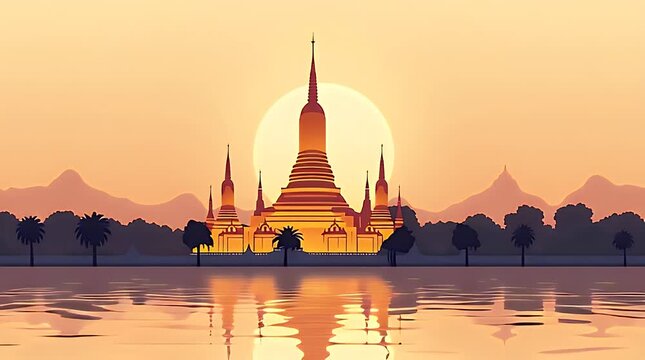 Flat vector illustration of Bangkok&rsquo;s Wat Arun temple at sunset, golden spires reflecting on the river, soft gradient sky, minimal clean geometric shapes, vibrant cultural mood, modern travel style.