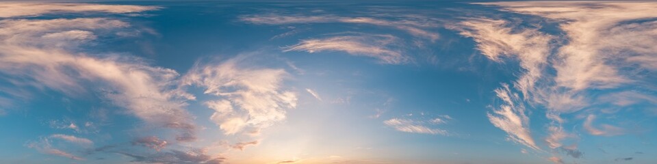 Sky 360 panorama - Bright blue sky filled with fluffy white Cumulus clouds. Seamless hdr spherical 360 panorama. Sky dome, sky replacement for aerial drone 360 panoramas. Weather and climate change