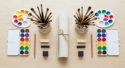 Symmetrical Art Supplies Arrangement: Paint, Brushes, Paper, Pencils, and Erasers.