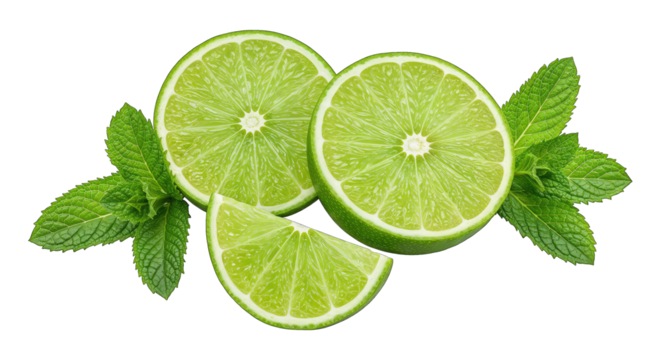 Fresh lime slices and mint leaves for refreshing drinks and cocktails, citrus fruit, healthy ingredient