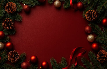 A festive Christmas border of pine branches, baubles, pinecones, and ribbon frames a deep red background.