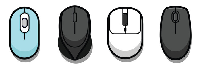 Vector set of computer mice in flat modern style &mdash; collection of four mouse designs including wireless, ergonomic, and minimalist shapes. Clean outlines, simple colors, and top-view layout