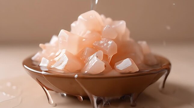 Himalayan pink salt crystals in a matte stoneware dish, hard light with sharp shadows, ultra-clean minimal composition, high-detail macro realism.