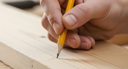 Close-up of a hand marking a wooden plank with a pencil.