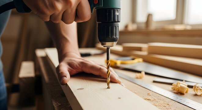 Close-up of a carpenter's hands using a power drill to make a hole in a wooden plank in a workshop.