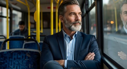 Portrait of a mature man with a beard on a bus looking out the window with arms crossed suit on