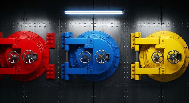Three colorful vault doors, red, blue, and yellow, provide a sense of security and mystery. - Powered by Adobe