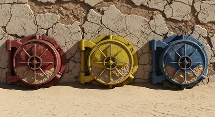 Three colorful metal vaults stand partially buried in sand against a cracked wall, textured.