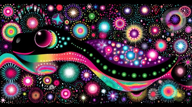 A stylized black creature with a large eye and a vibrant rainbow mane is depicted against a dark background filled with colorful, abstract, starburst-like shape