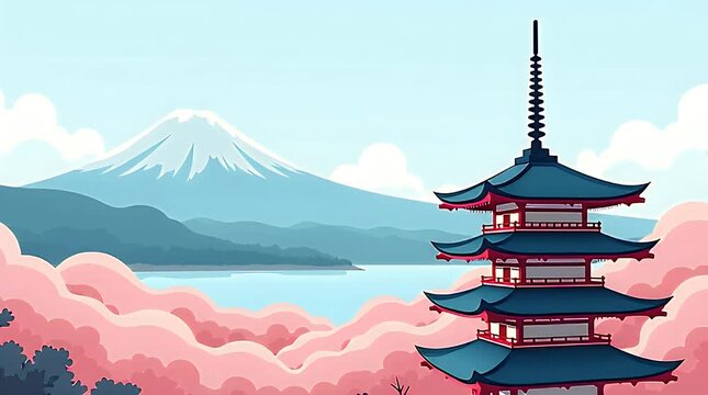 Flat-vector illustration of a traditional Japanese pagoda overlooking cherry blossom hills, Mount Fuji silhouette in the background, calm blue sky, minimalist clean shapes, bright harmonious colors, 