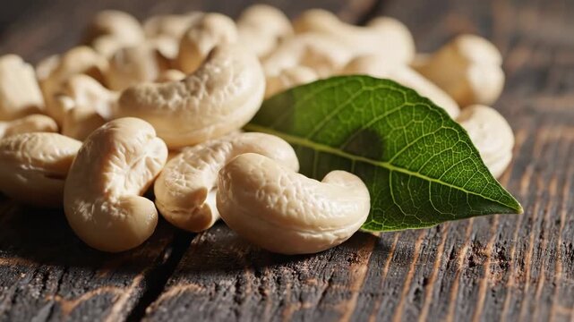 Raw Cashew Nuts with Green Leaf on Wood - This video features a cluster of raw, unsalted cashew nuts resting on a rustic wooden surface.