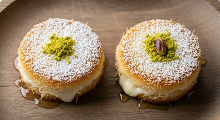 Two syrupy kunafa pastries, generously dusted with powdered sugar and chopped pistachios.