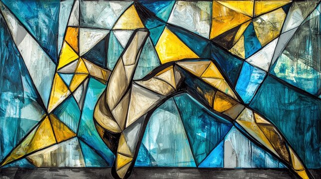 An abstract, stylized human figure rendered in a geometric, stained glass-like style, with dominant blue, yellow, and white colors, set against a textured backg