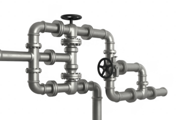 Metal pipe system with valves isolated on a transparent background