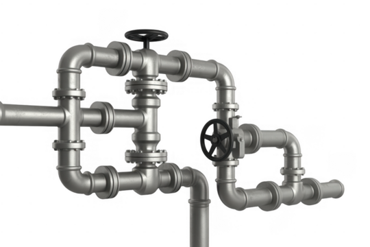 Metal pipe system with valves isolated on a transparent background - Powered by Adobe