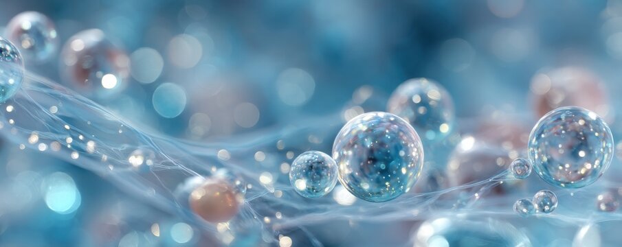 Blue background with water bubbles and light particles, an abstract science concept for imagery