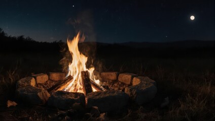 Warm Campfire Under a Moonlit Night Sky.