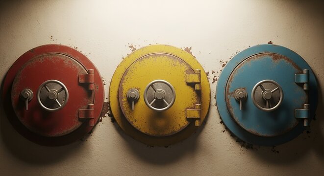 A vibrant trio of weathered, colorful, and circular hatches adoring a mottled concrete wall surface.