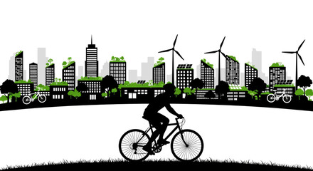 Dynamic cyclist embraces sustainable city living with wind turbines and green architecture symbolizing eco friendly future and urban progress